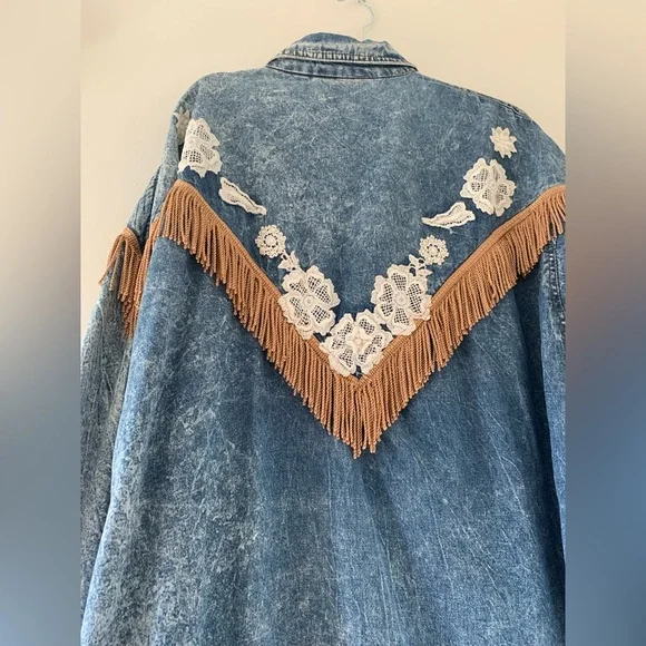 Rare 80s OOAK Vintage J Carreli Denim Acid Wash Tapestry Lace Fringe Jacket - Picture 13 of 17